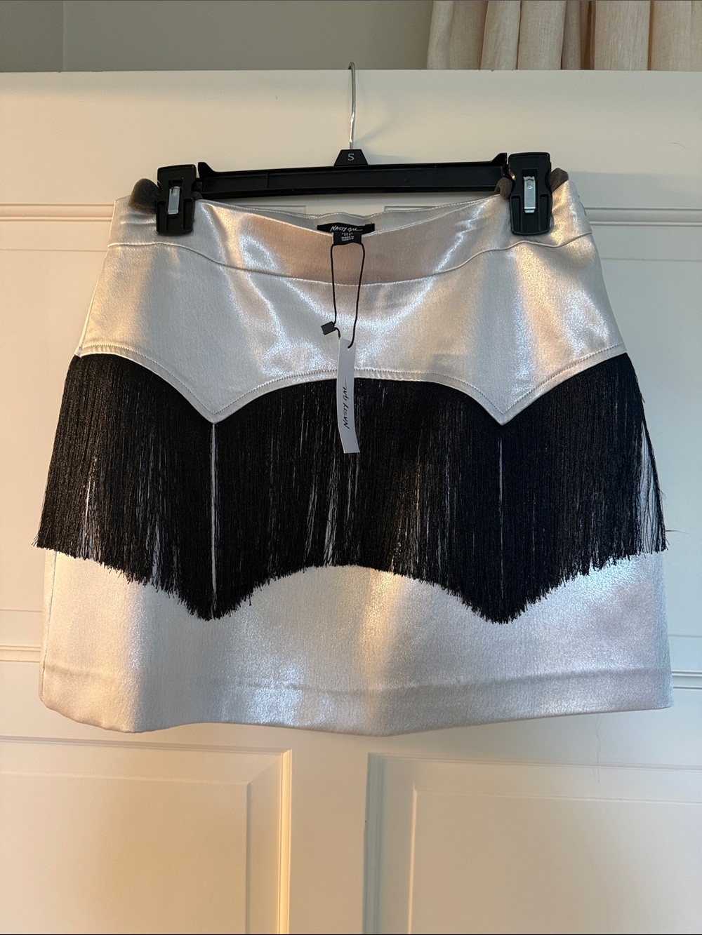 NastyGal Metallic Silver Mini Skirt with Black Fringe